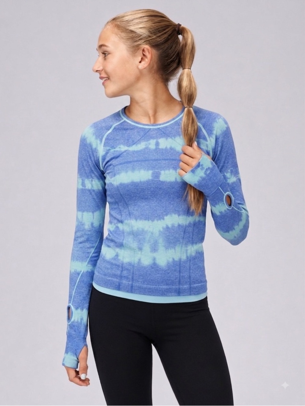 Lululemon IVIVVA Girls Swiftly Tech Long-Sleeve Crew T-Shirt top blue fun 16 S